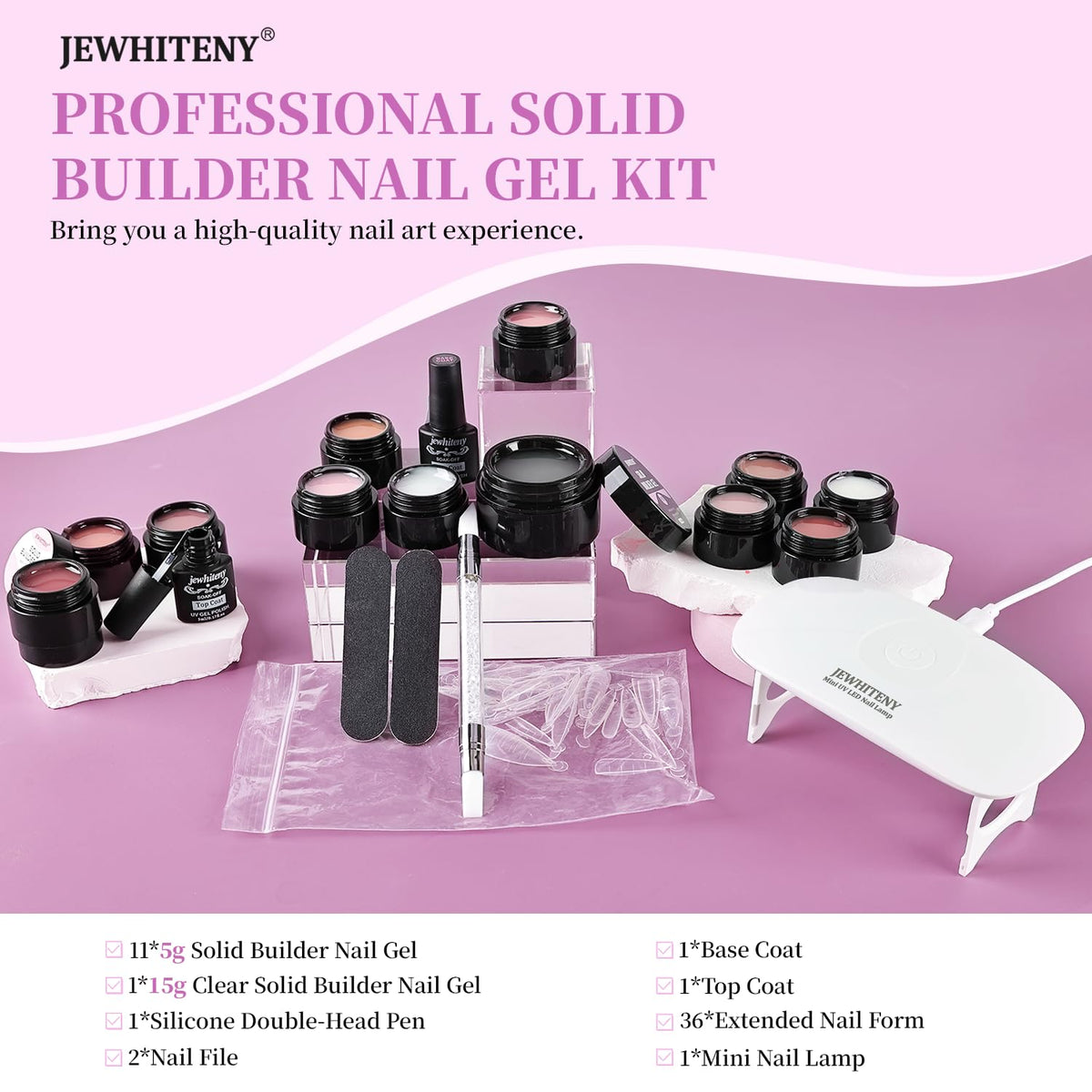 JEWHITENY 12 Colors Non-Sticky Solid Builder Gel Kit:3D Sculpting Gel with Mini U V Nail Lamp for