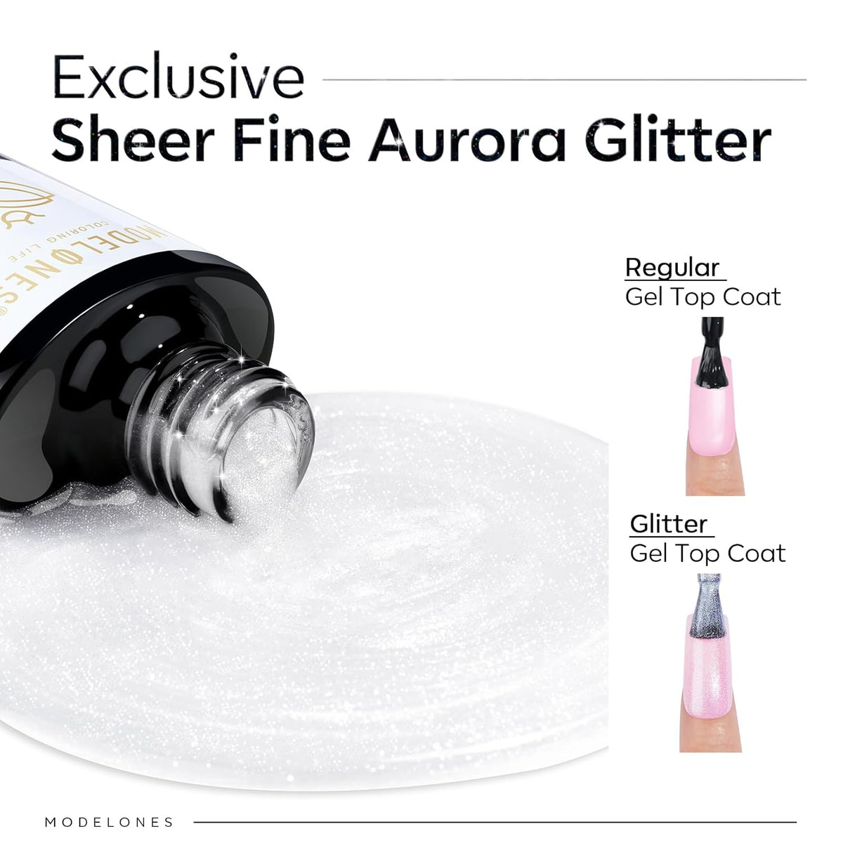 Modelones Glitter Gel Top Coat, Ultra Fine White Aurora Clear Glitter Gel Polish Glossy Sparkle