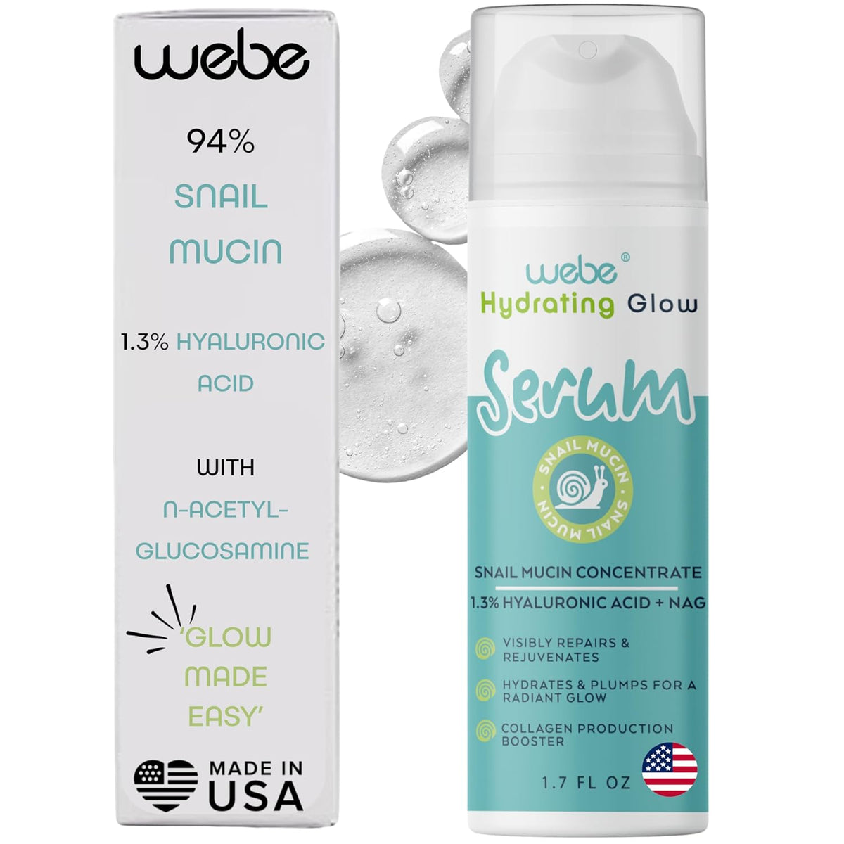 WEBE Naturals Snail Mucin 94% Hydrating Glow Serum | 1.3% Hyaluronic Acid & N-Acetyl Glucosamine |