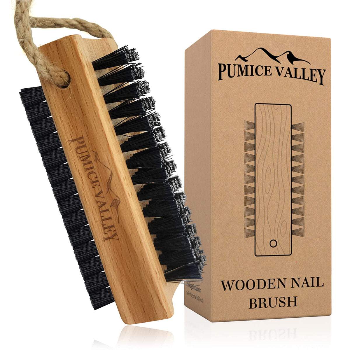 Wooden Cleaning Finger Nail Brush with Nylon Charcoal Bristles & Hanging Rope - Double-Sided