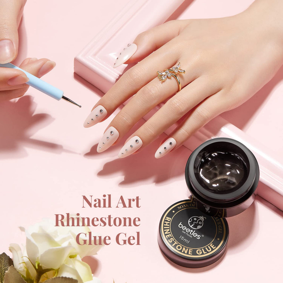 Beetles Rhinestone Glue for Nails with 2 Dual Purpose Brush Pen, 1Pcs 15ml Nail Glue for Nail Art