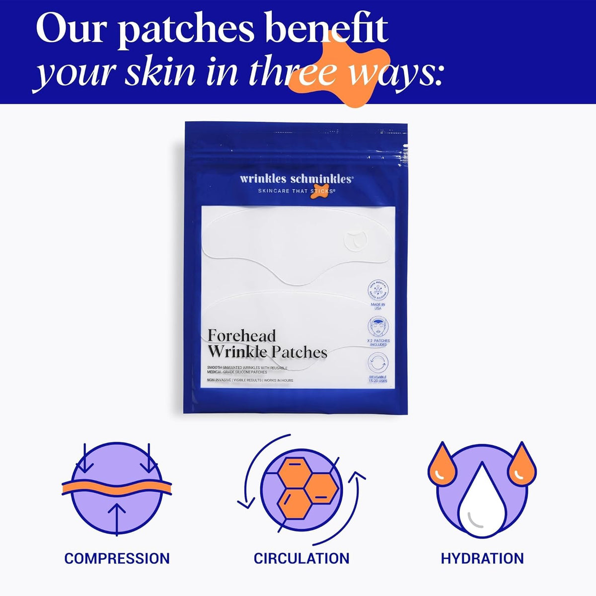 Wrinkles Schminkles Forehead Wrinkle Patches, 2-Pack, Reusable Hypoallergenic Silicone Smoothing