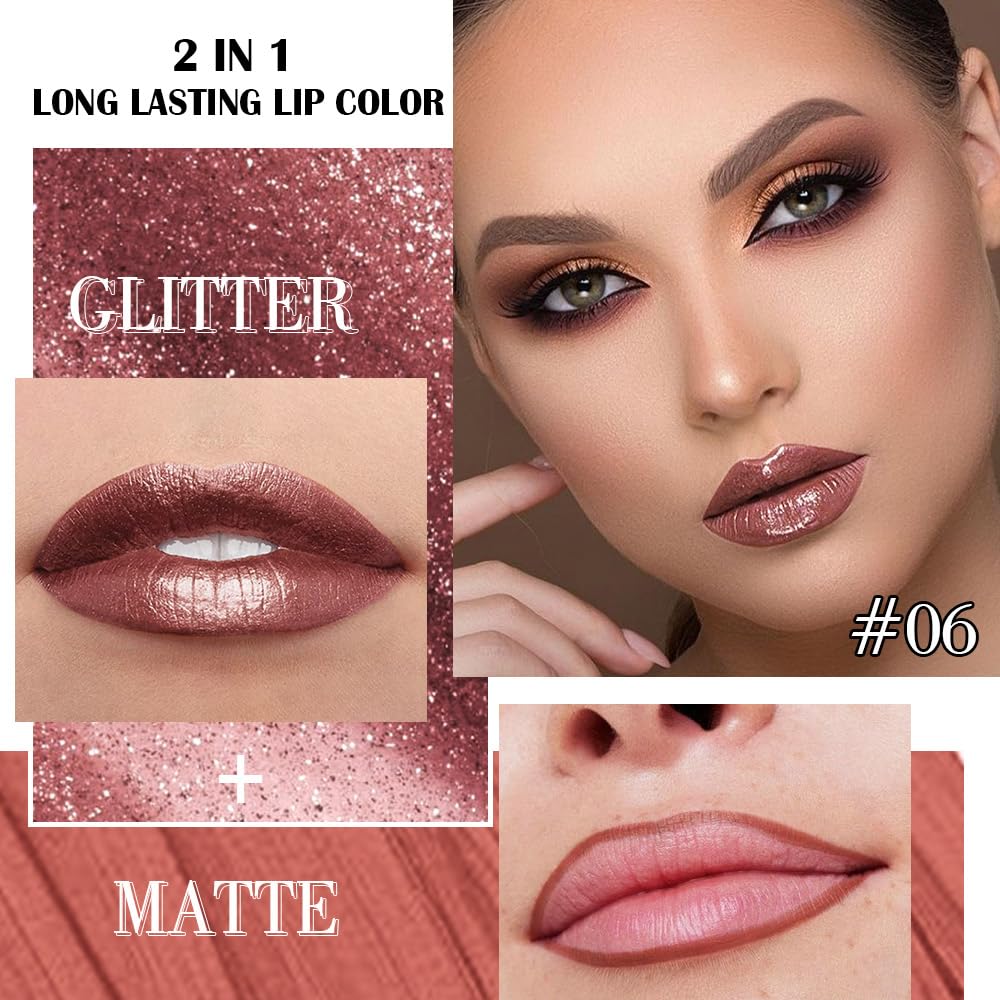 evpct Dark Bronze Metallic Shimmer Lip Liner and Lipstick Combo Lip Gloss Stains Set Makeup for