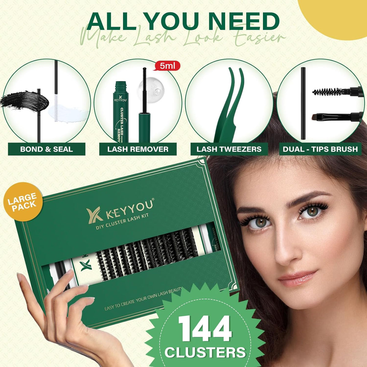 DIY Lash Extension Kit 144pcs 8-18MIX Lash Clusters with Super Hold Mascara Brush Bond and Seal