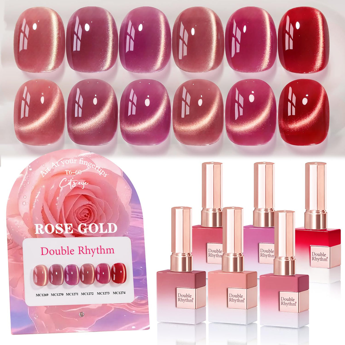 Double Rhythm Cat Eye Gel Nail Polish Set of 6 Same Color Same Bottle 0.5 Oz Shimmer Glitter with