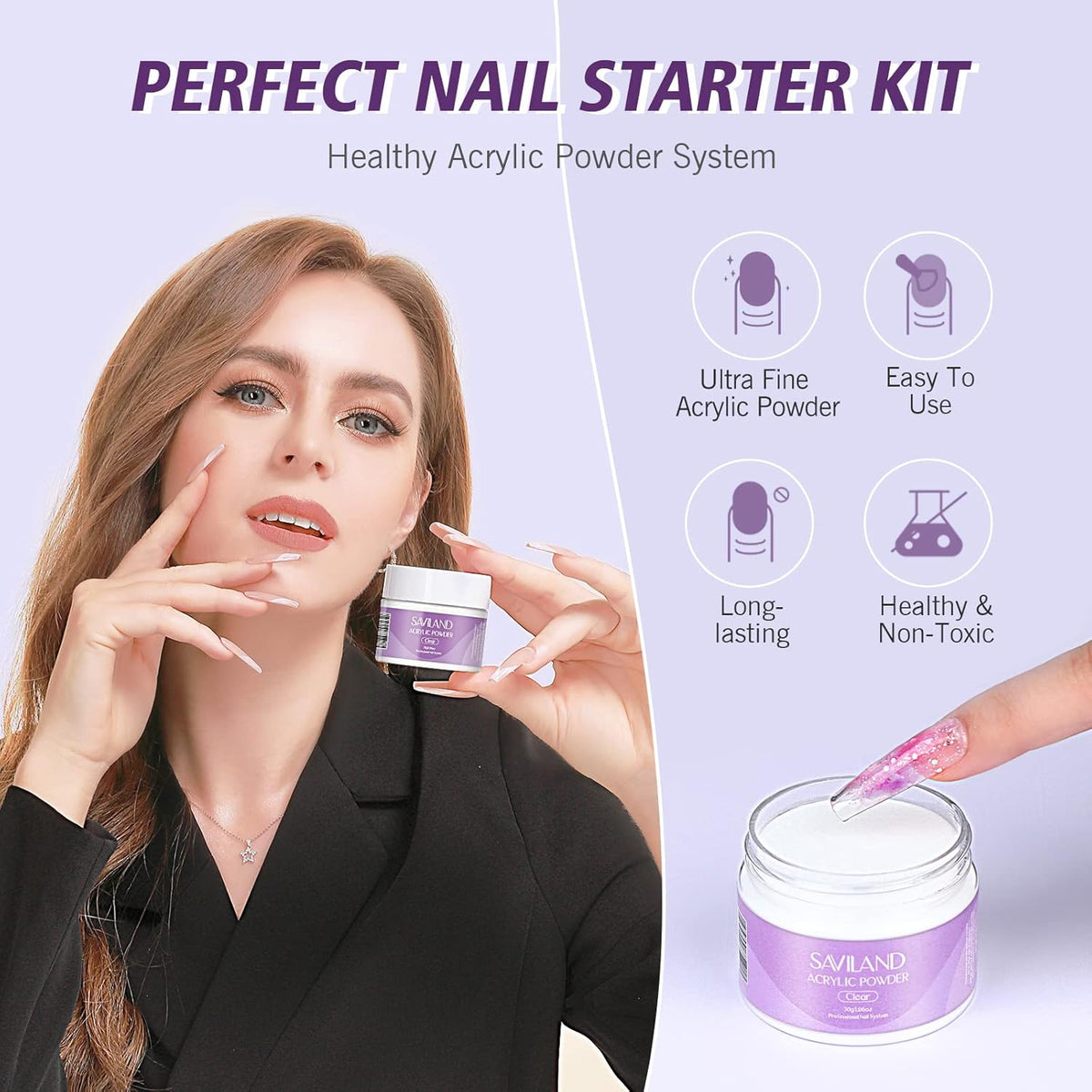 SAVILAND Acrylic Nail Kit Starter Set: Clear Acrylic Powder and Liquid Set With Brush, Forms, Tools