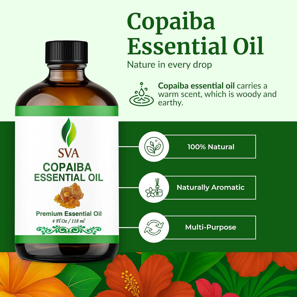 SVA Copaiba Essential Oil – 4 Fl Oz – 100% Natural Copaiba Oil - for Diffuser, Hair Care, Face