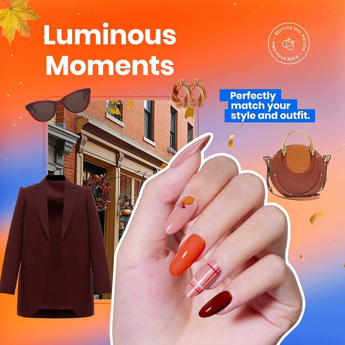 Beetles Fall Nail Polish Set P180, 6 Color Red Yellow Green Quick Air Dry Nail Polish, Natural Nail