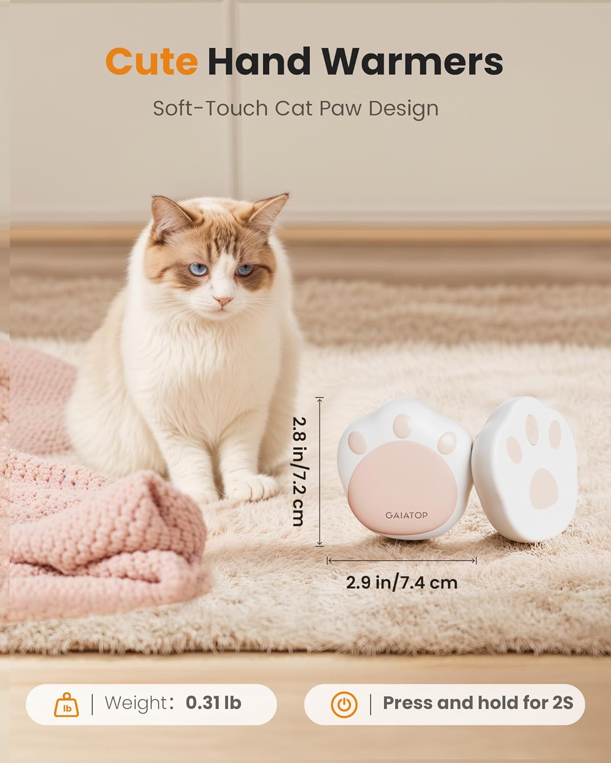 Gaiatop Hand Warmers Rechargeable, 2 Pack Cute Cat Paw Design 3 Levels Magnetic Electric Pocket