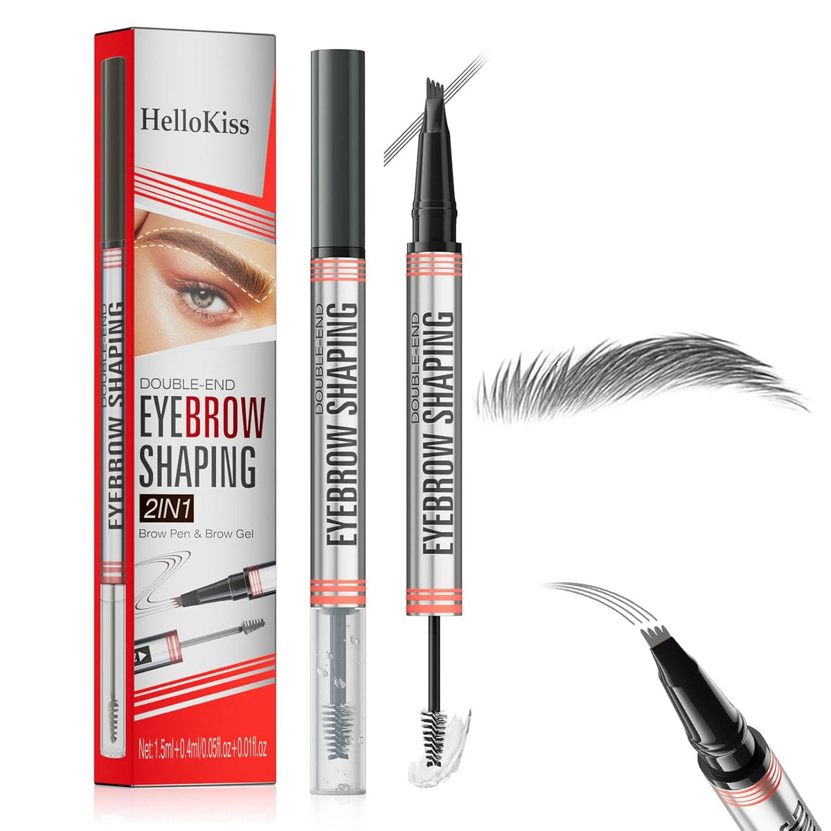 4-Fork Tip Microblading Eyebrow Pen With Brow Gel - 2-in-1 Waterproof Eyebrow Pencil, Long-Lasting