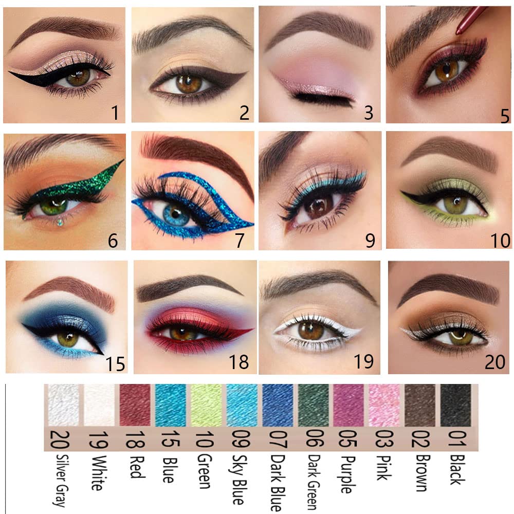 evpct 12Pcs Green Blue White Black Brown Purple Color Gel Glitter Eyeliner Pencils Set for Women