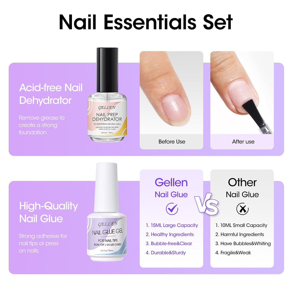 Gellen Gel Nail Glue and Nail Dehydrator, 15ml Nail Gel Glue for False Nail Tips and Clear Press on