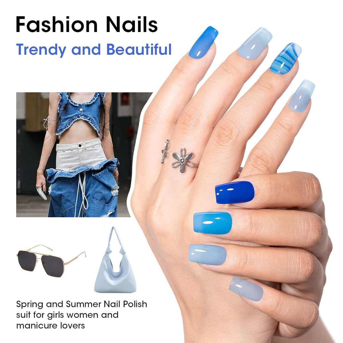 Gellen Blue Jelly Nail Polish, Sheer Nail Polish Quick Dry Summer 6 Colors Blue Glitter Set