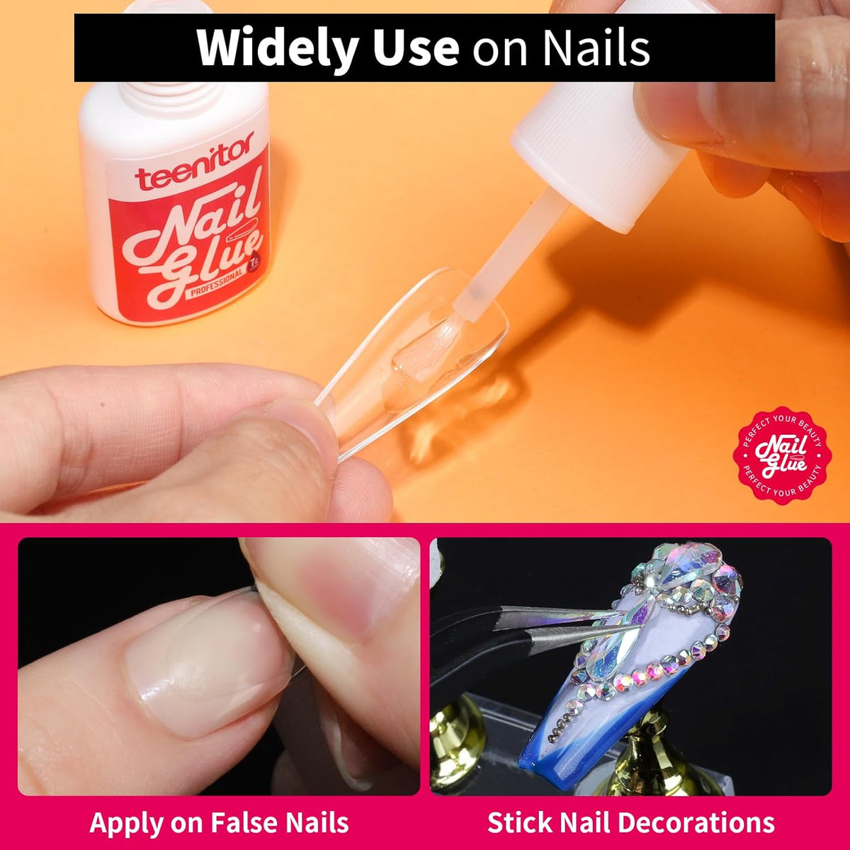 Teenitor Pink Nail Glue, 10 Pack Brush On, Strong for Press Ons & Acrylic Nails, Water Resistant