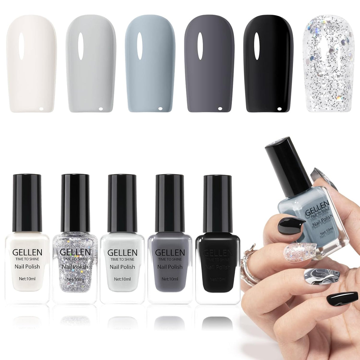 GELLEN Black White Gray Nail Polish Set, Quick Dry Natural Traditional Regular Nail Polish Fall
