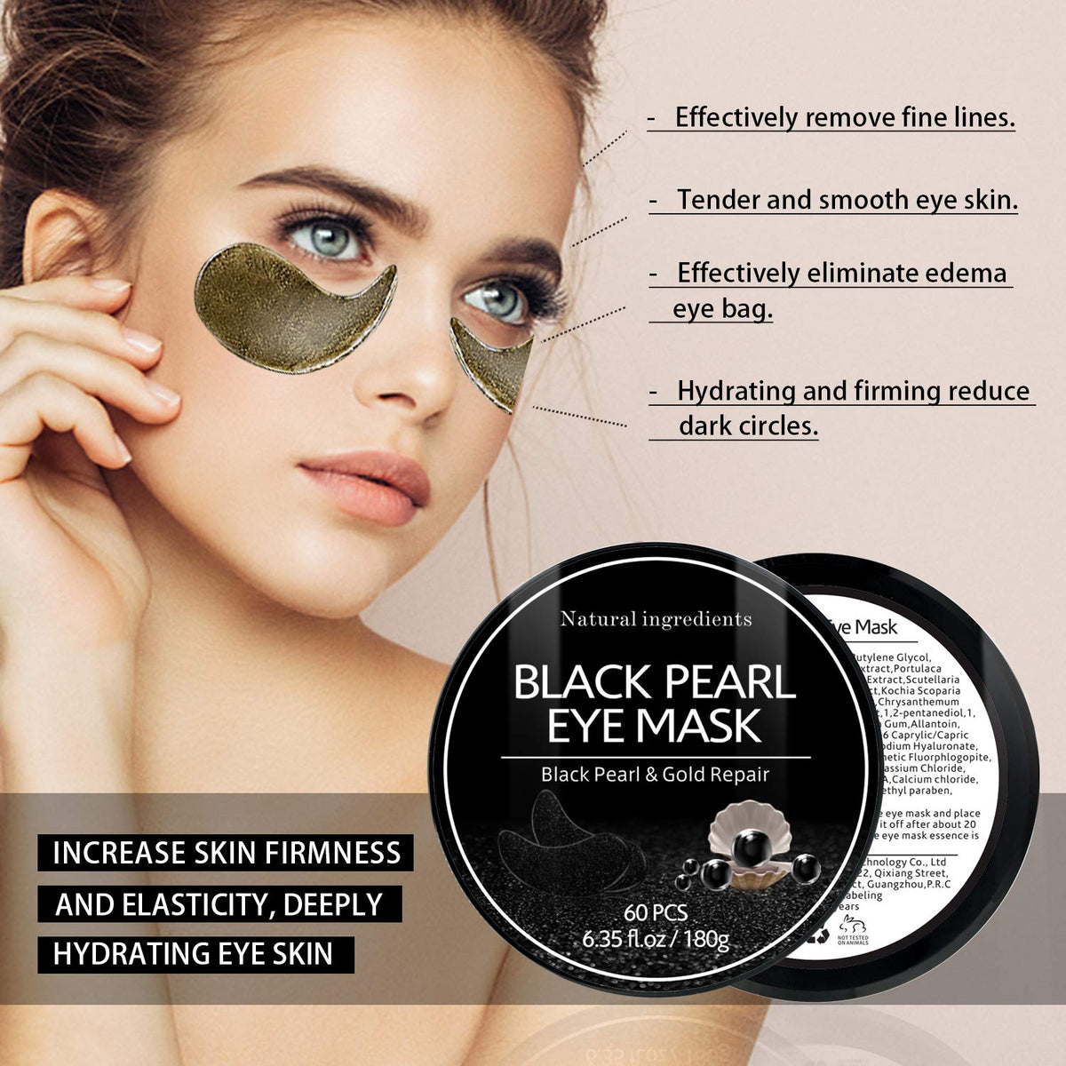 Under Eye Patches, Eye Mask Black Pearl, Puffy Eyes Dark Circles Brighten Treatments, 60PCS