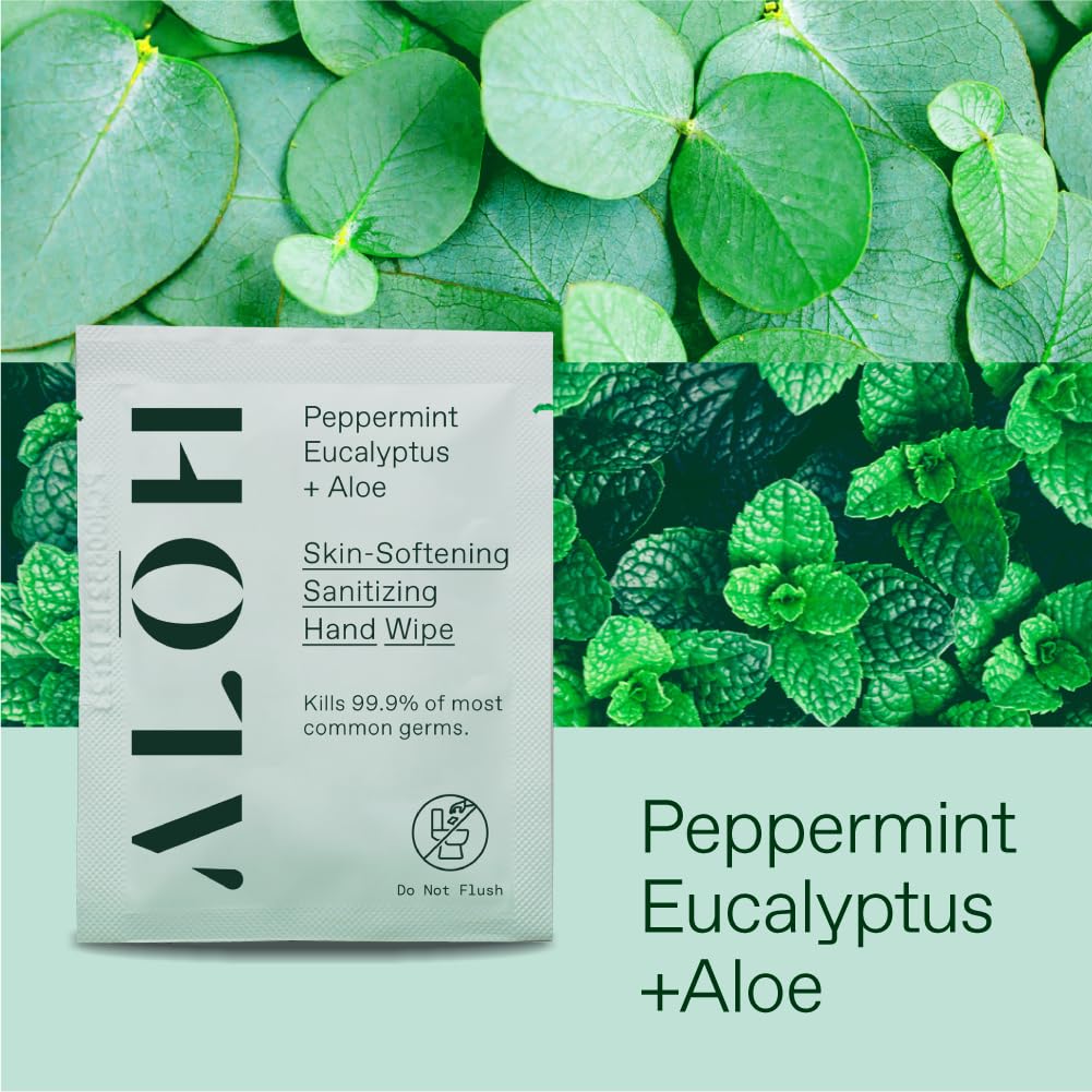 ALŌH Skin - Softening Sanitizing Hand Wipes – Peppermint + Eucalyptus Aloe (1 Box of 20