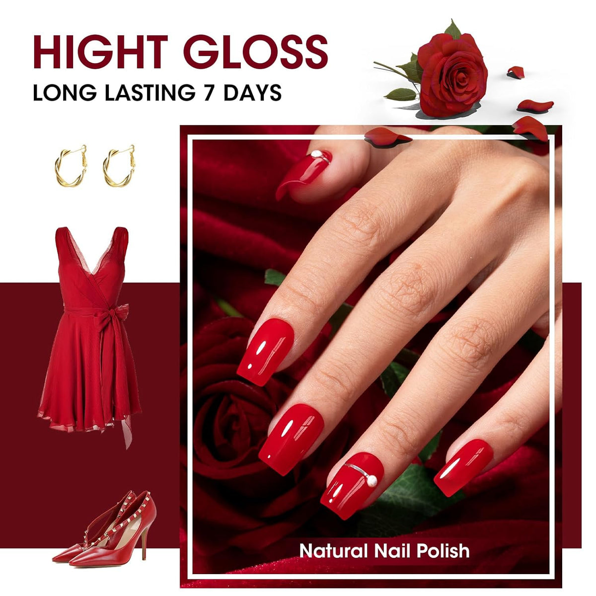 GELLEN Dark Red Nail Polish & Base Top Coat, Deep Burgundy Cherry Wine Blood Red 4 Colors Set