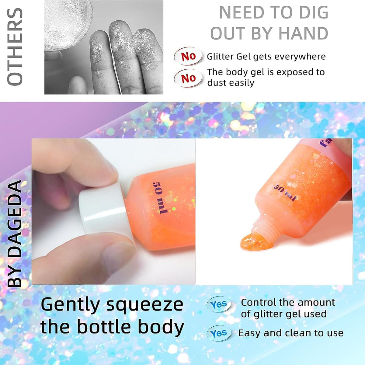 DAGEDA Body Glitter Gel, Face Glitters Body Gel Sequins Shimmer Liquid Eyeshadow, Chunky Glitter