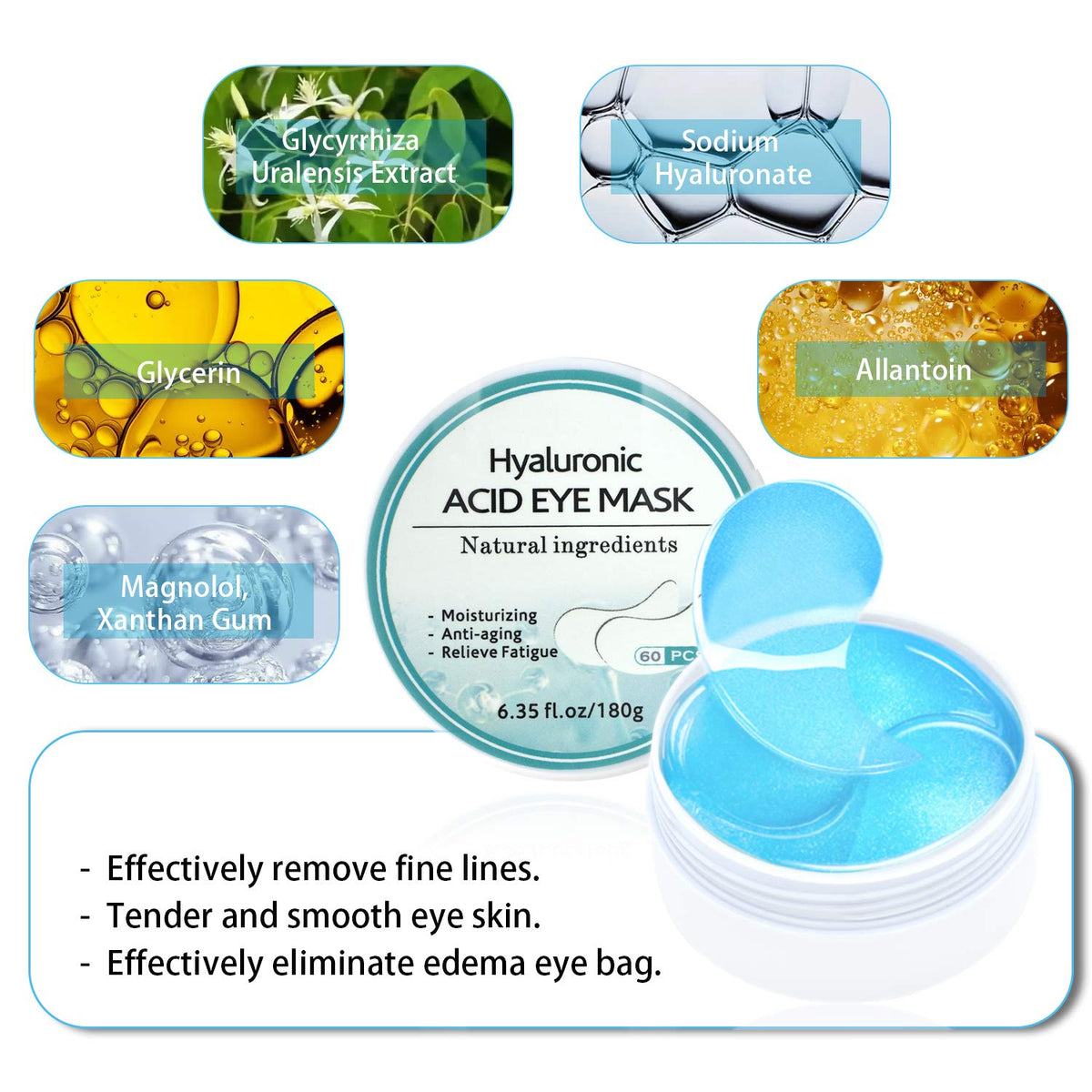 Under Eye Patches, Hyaluronic Acid Eye Mask Moisturizing, 60PCS Gel Eye Masks Pads With Collagen