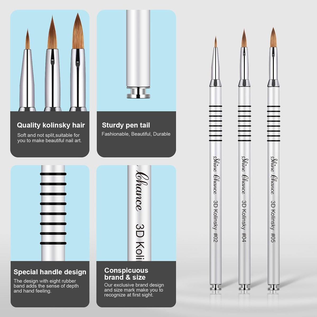 3Pcs 3D Nail Brushes Set Size 2 4 5, Kolinsky Hair Acrylic Flower Nail Art Brush, Art Design &