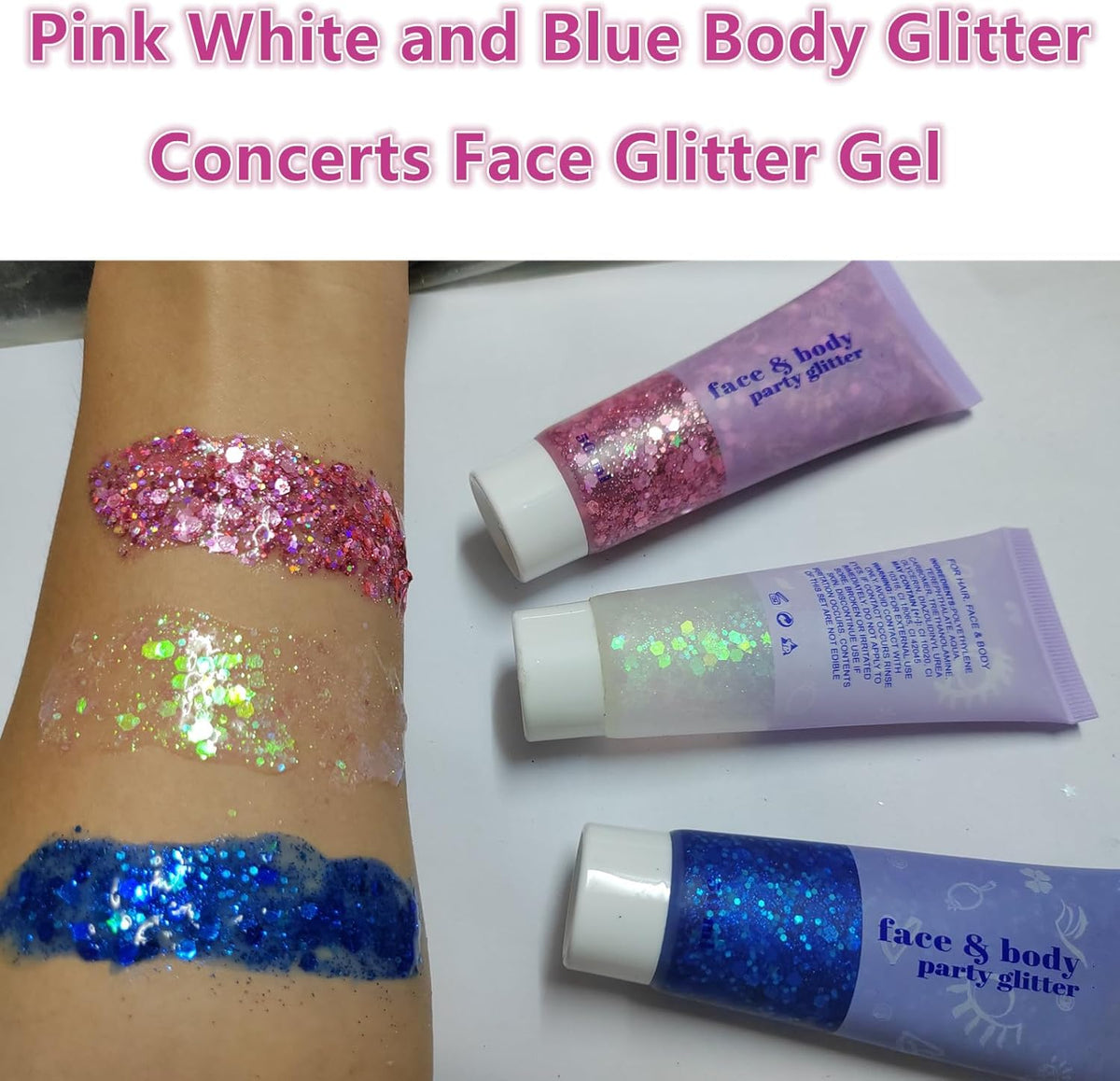 Go Ho White Pink and Blue Body Glitter Set,Singer Concerts Face Glitter Gel Makeup,Holographic Long