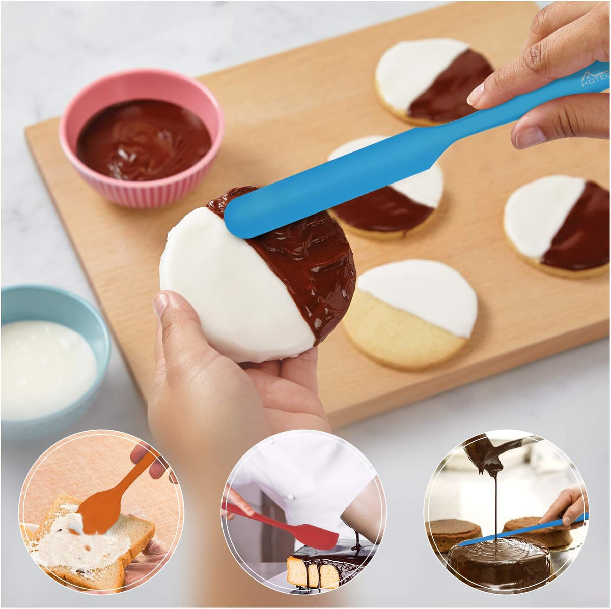 HOTEC Heat Resistant 600℉ Food Grade Silicone Rubber Spatula Set for Baking, Cooking, and Mixing
