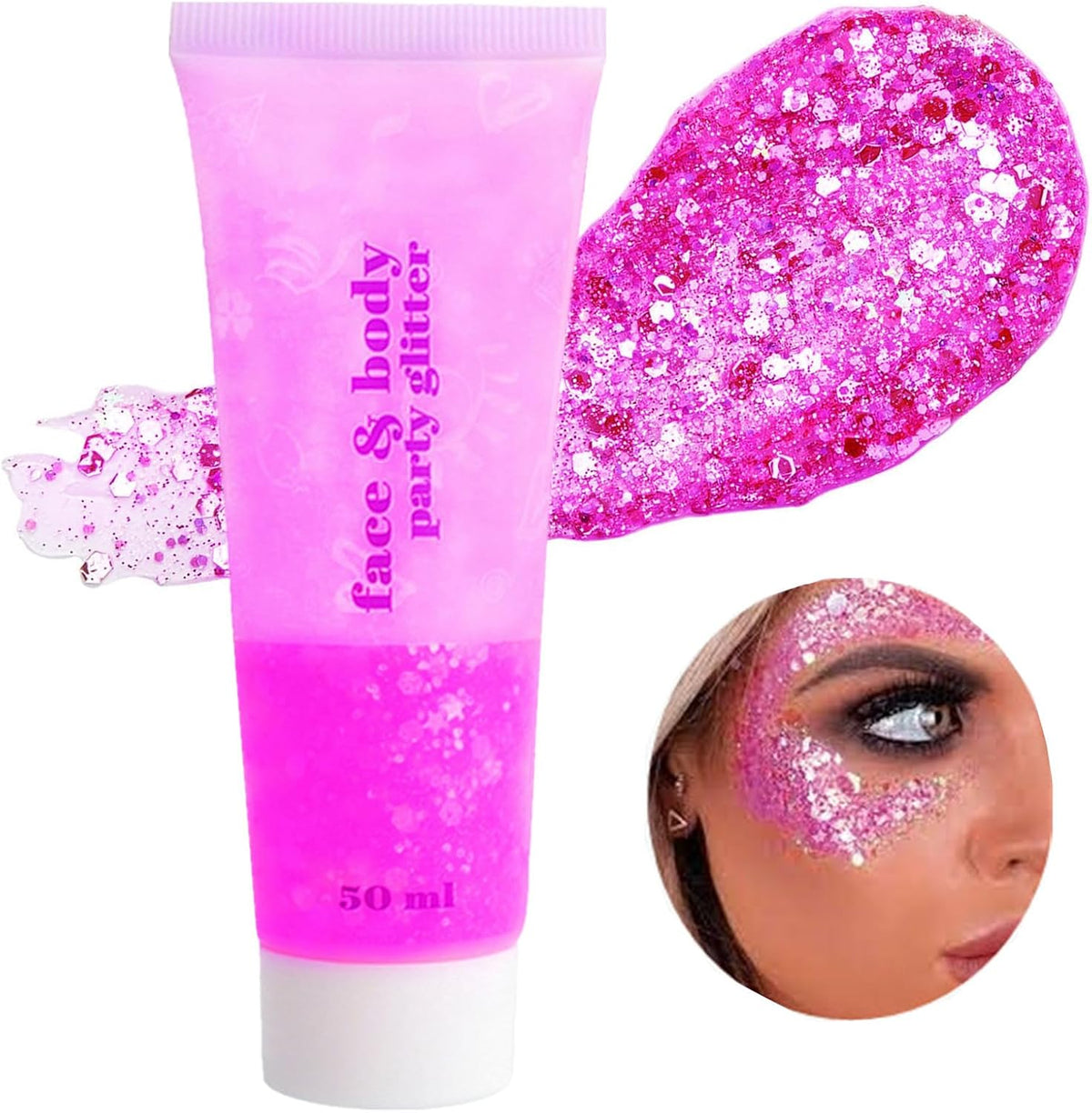 Go Ho Hot Pink Face Body Glitter Gel,Singer Concerts Hot Pink Face Paint Makeup,Holographic Chunky