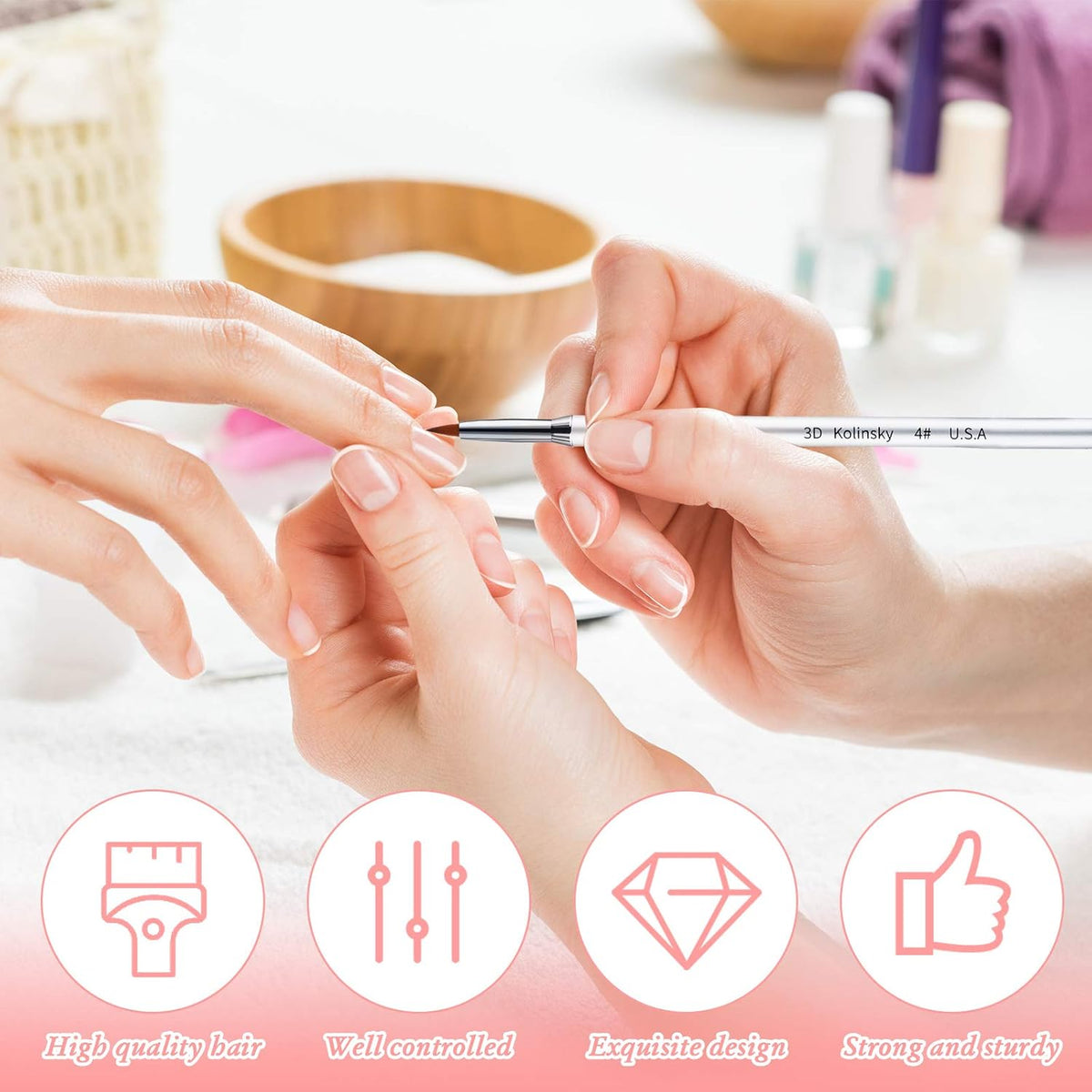 Patelai 3 Pcs Kolinsky 3D Nail Art Brush Set Size 2/4/5 Acrylic Nail Art Brush with Silver Metal