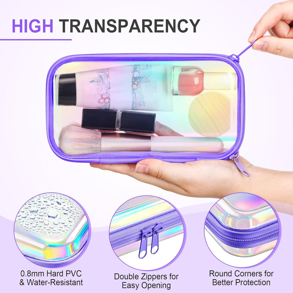 Hoolerry 4 Pcs Hard Clear Zipper Case Makeup Bags Plastic Pencil Pouch Transparent Storage Box