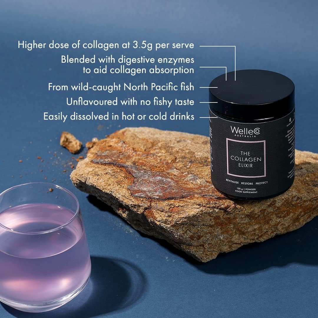 WelleCo The Collagen Elixir Collagen Powder, Marine Collagen Peptides with Vitamin C, Hyaluronic