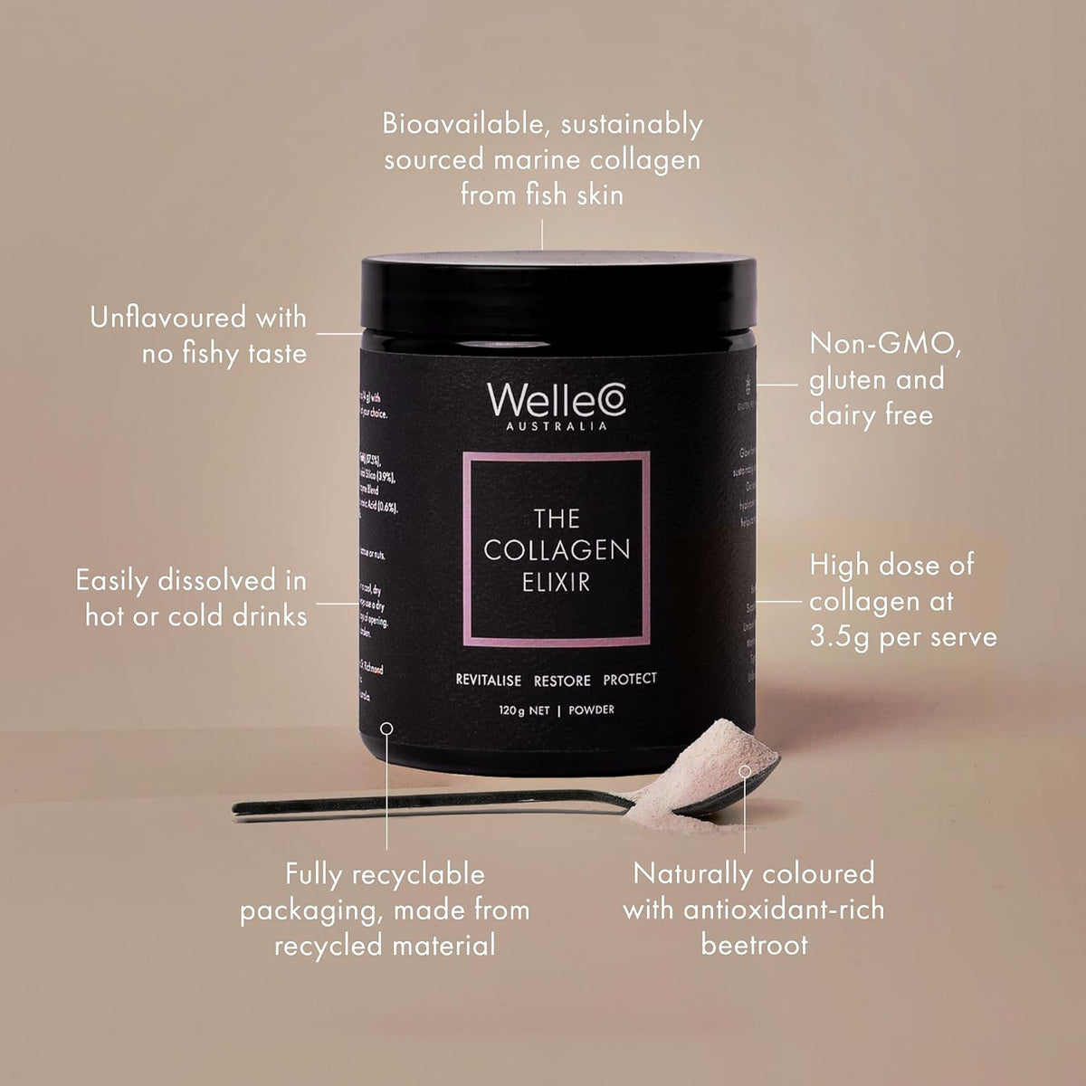 WelleCo The Collagen Elixir Collagen Powder, Marine Collagen Peptides with Vitamin C, Hyaluronic