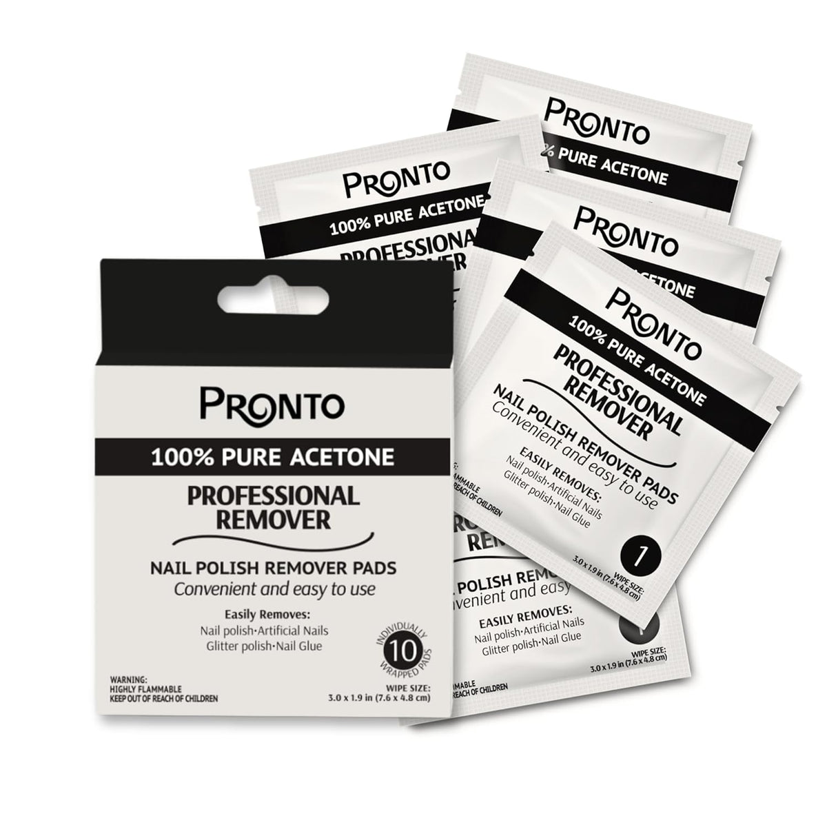 Pronto Acetone Nail Polish Remover Pads, 10 Pcs. Individually Wrapped Acetone Wipes, Pure Acetone