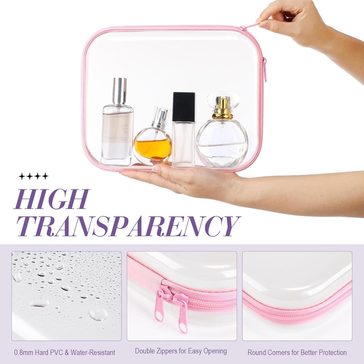 Hoolerry 4 Pcs Hard Clear Zipper Case Makeup Bags Plastic Pencil Pouch Transparent Storage Box
