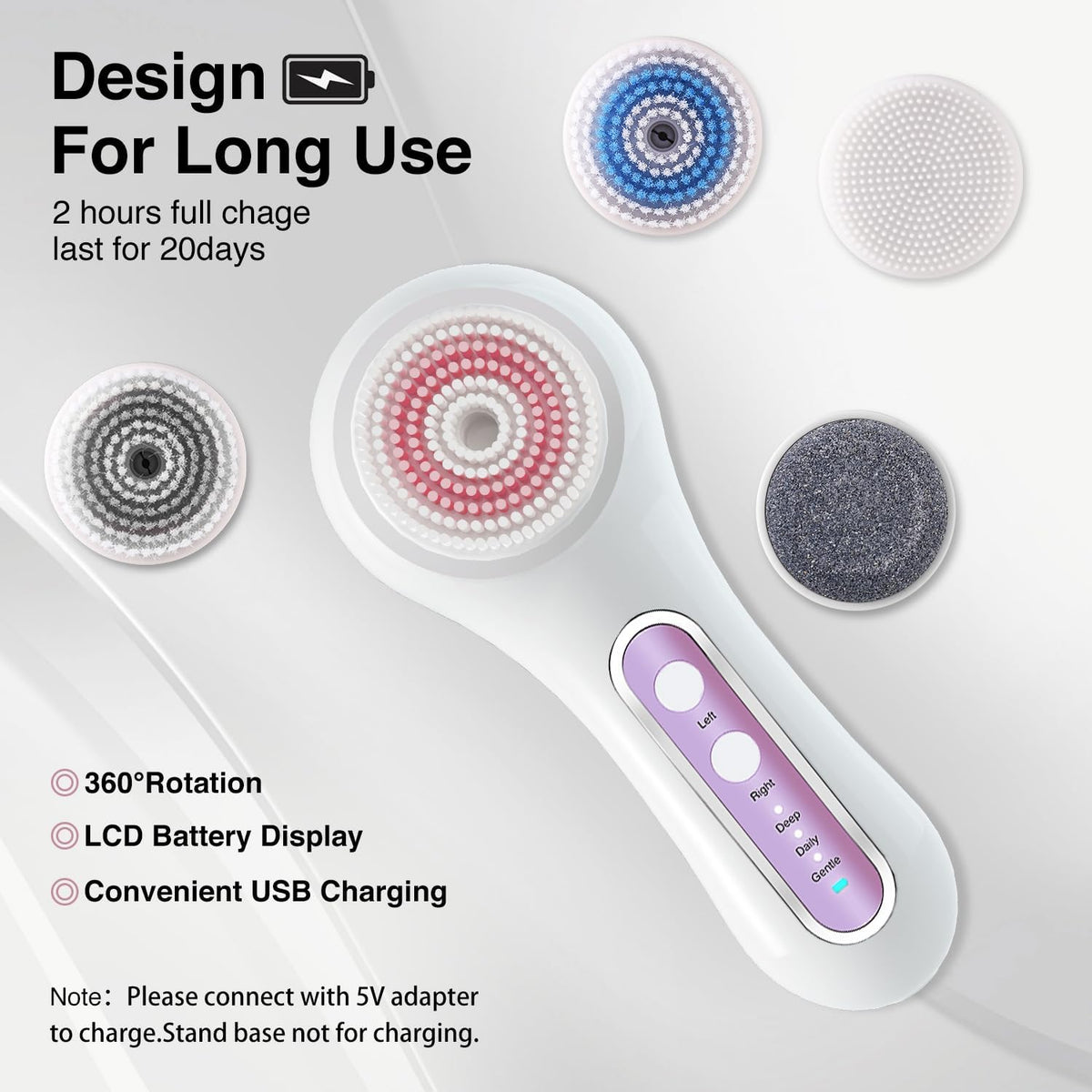 Face Scrubber Exfoliator,Facial Cleansing Brush Rechargeable IPX7 Waterproof with 5 Brush