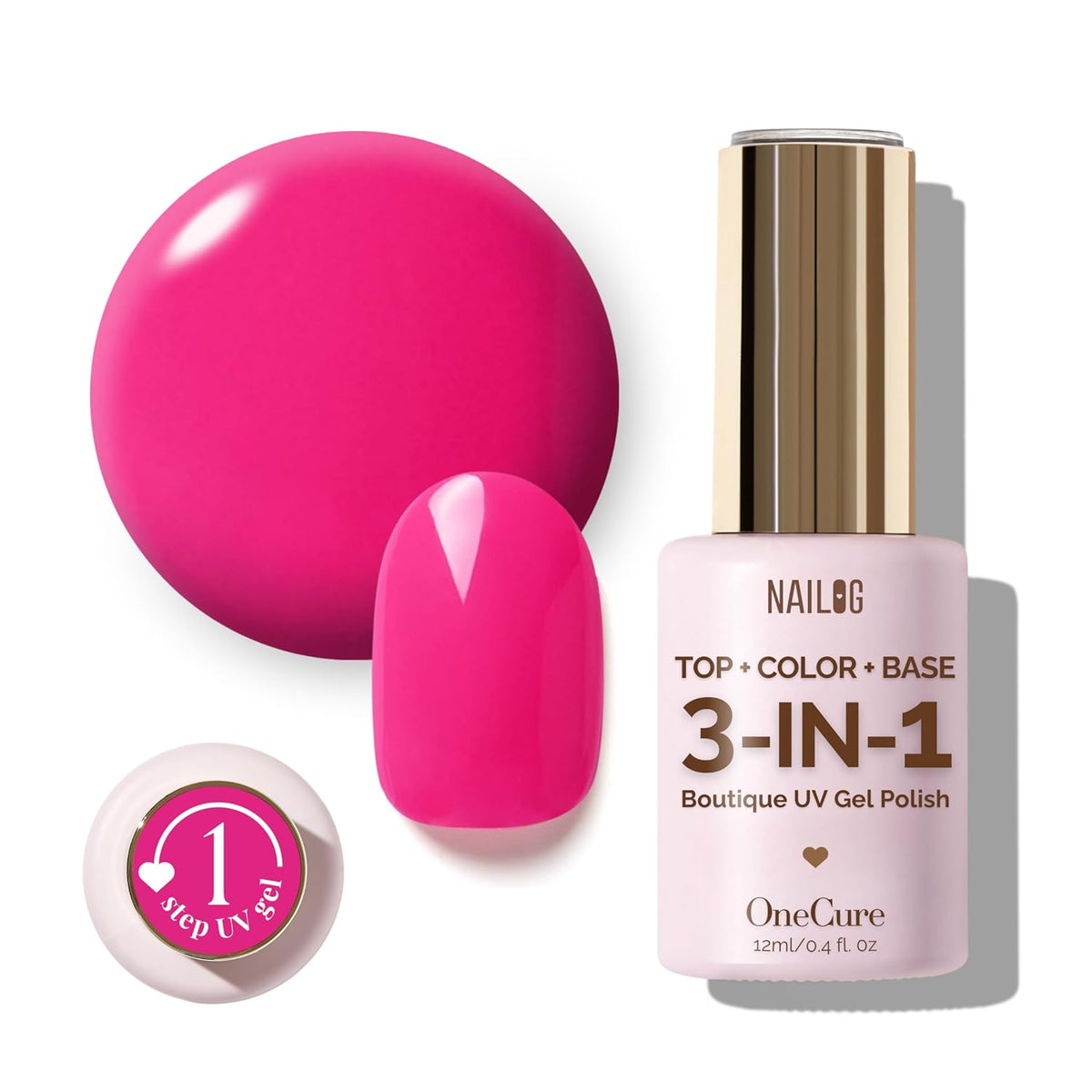 NAILOG One Step Hot Pink Gel Nail Polish 12ml Top Coat Color Gel Base 3-In-1 Formula Soak Off UV
