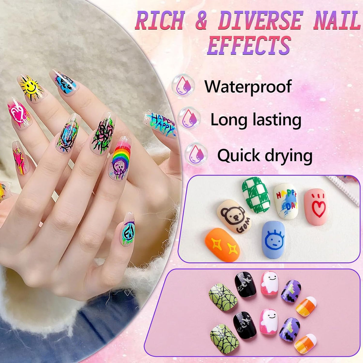12 Colors Nail Art Pens Set, 3D Quick-Dry 0.5MM Nail Polish Pens, 2025 DIY Nail Art Marker Graffiti