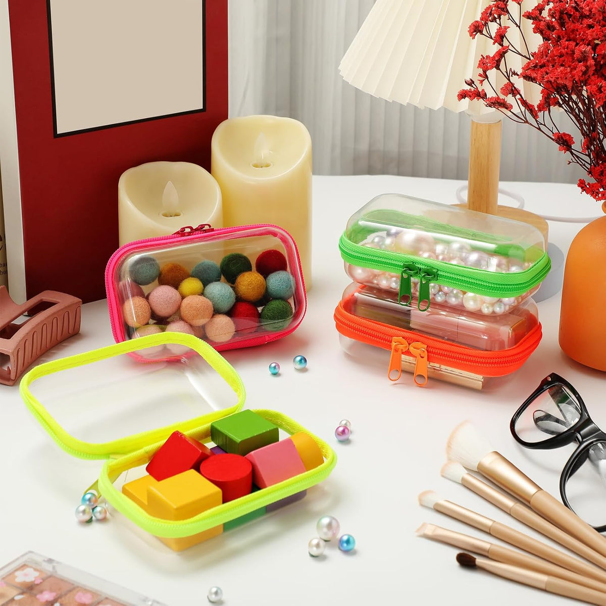 Hoolerry 4 Pcs Hard Clear Zipper Case Makeup Bags Plastic Pencil Pouch Transparent Storage Box