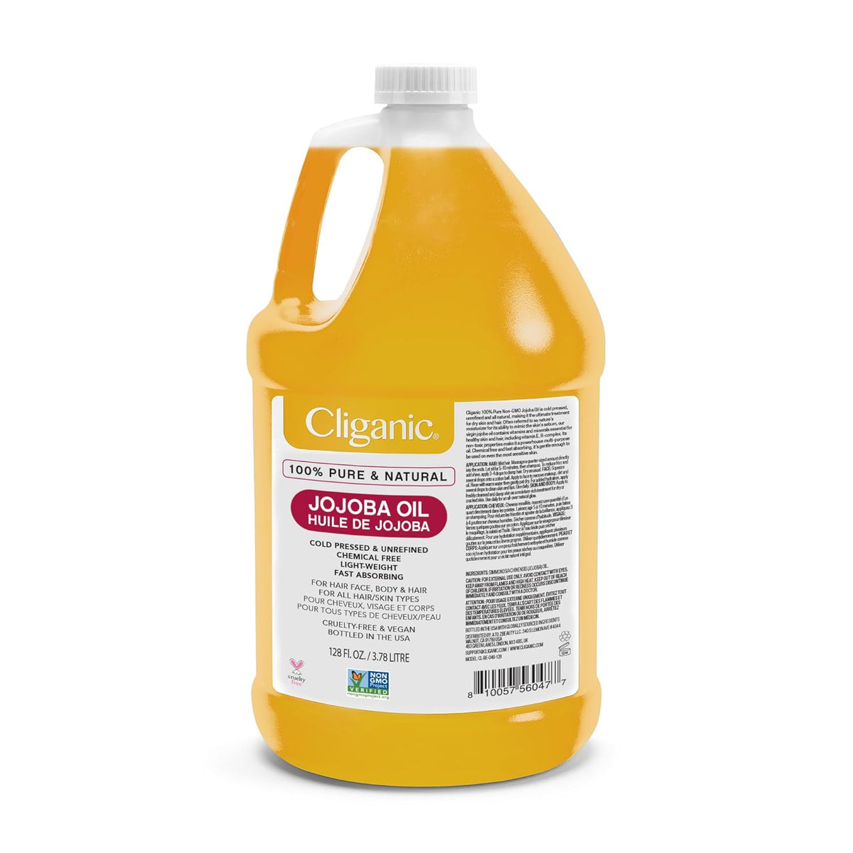 Cliganic Jojoba Oil Non-GMO, Bulk Gallon 128oz | 100% Pure for Skin, Hair & Face, Cold Pressed