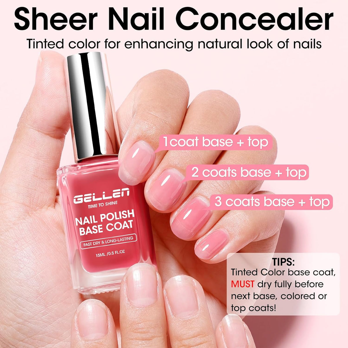 Gellen 4‑in‑1 Clear Nail Polish Base Coat Sheer Tinted Red, Ridge Filler, Nail Strengthener &