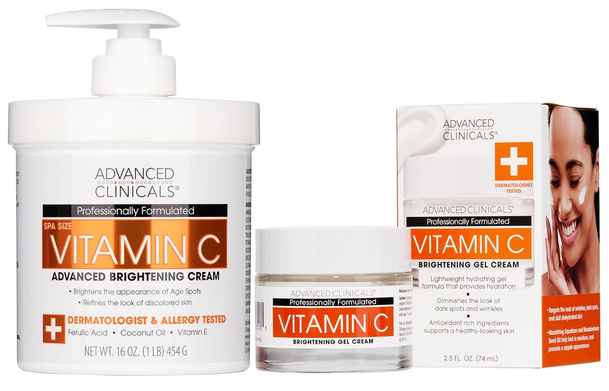 Advanced Clinicals Brightening Vitamin C Body Cream + Potent Vitamin C Face Moisturizer Gel Cream