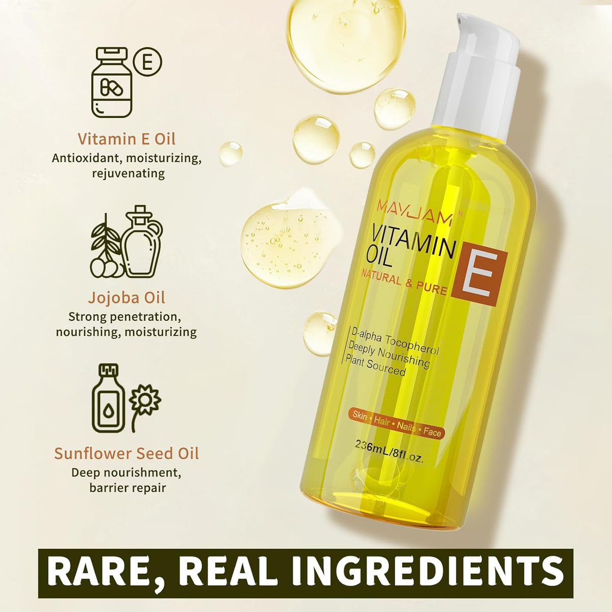 Organic Vitamin E Oil 50,000 IU for Skin, Pure & Natural Vitamine oils for Scars Hair, Face, Nail