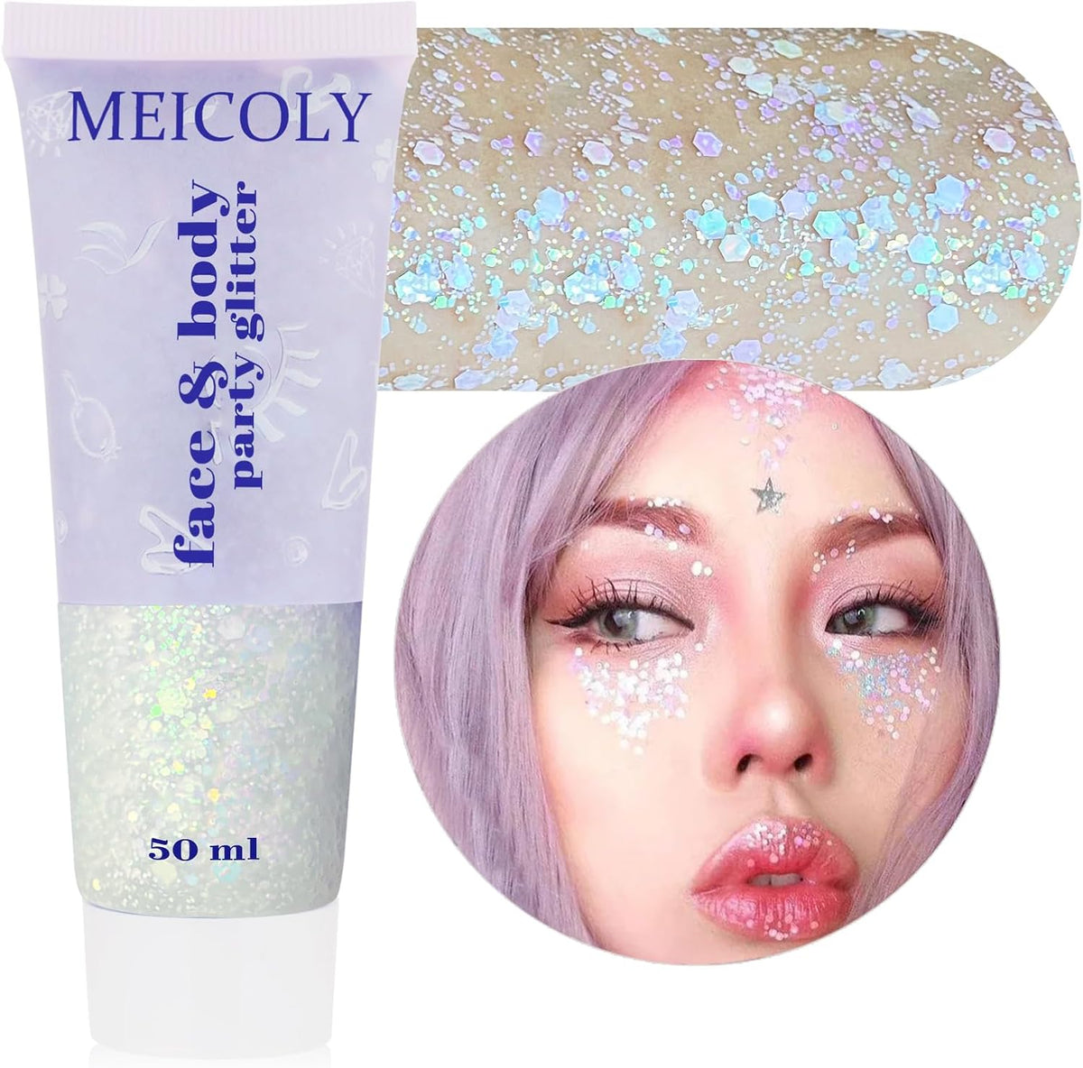 MEICOLY Chameleon Iridescent White Body Glitter,Chunky Face Glitter Paint Ice Themed Aerial