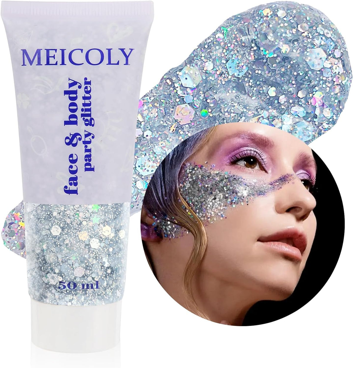 MEICOLY Silver Body Glitter,Chunky Silver Face Hair Glitter,Silver Glitter Makeup for Eyes,Sparkle