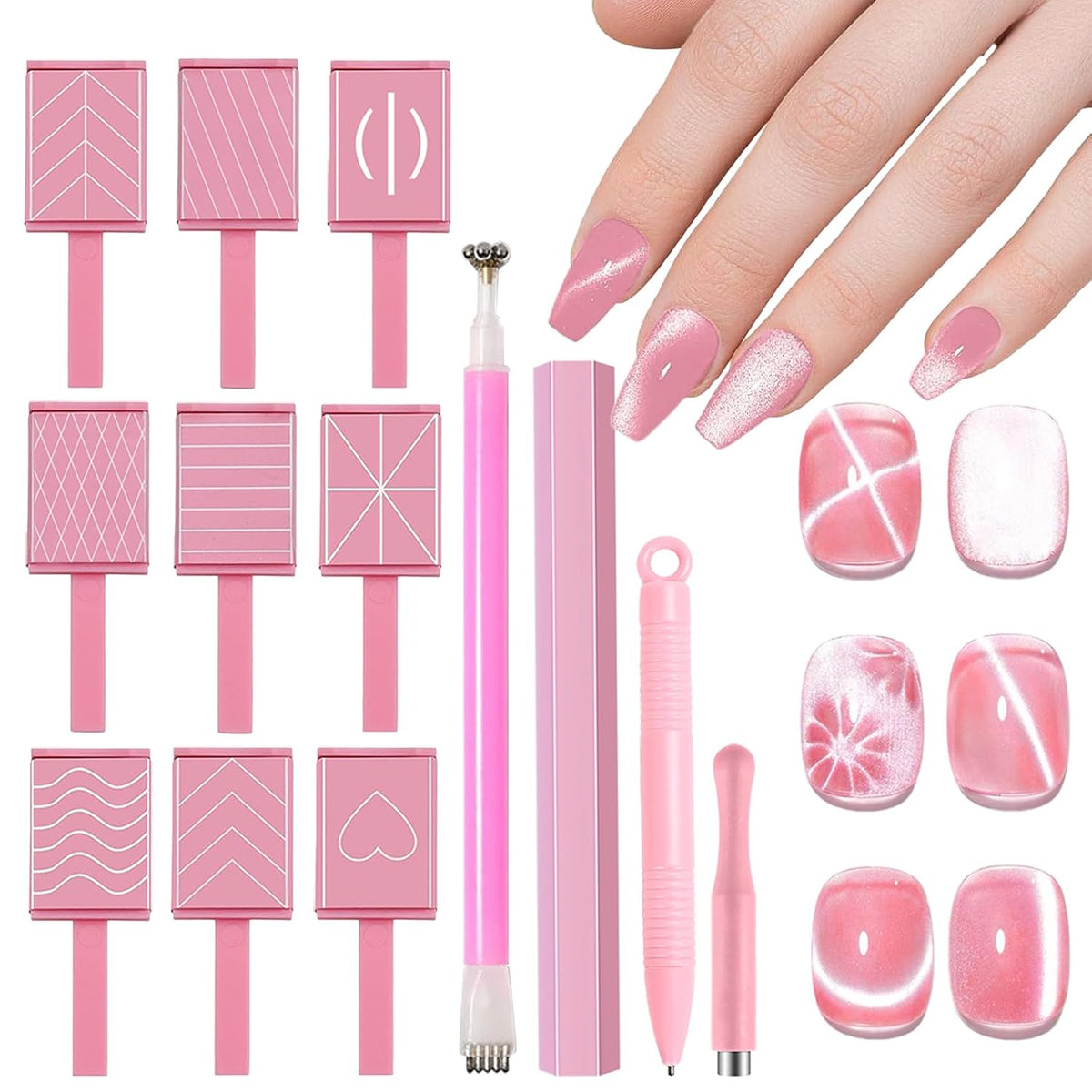 13pcs Pink Cateye Magnet for Nails Double-Ended Hexagon Nail Magnet Stick Flower Cat Eye Magnetic
