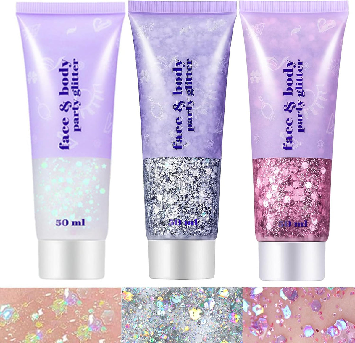 Go Ho White Pink and Silver Face Body Glitter Gel Set,Mermaid Face Paint,Holographic Long Lasting