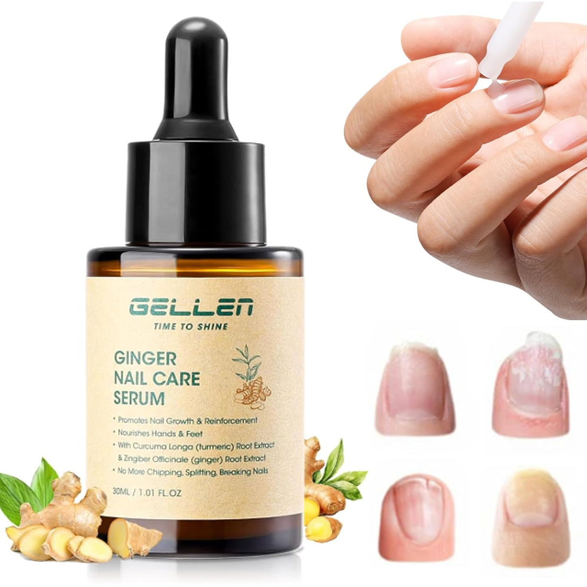 Gellen 30ml Ginger Nail Growth Serum for Nail Strengthener and Growth, Nail Repair Treatment for