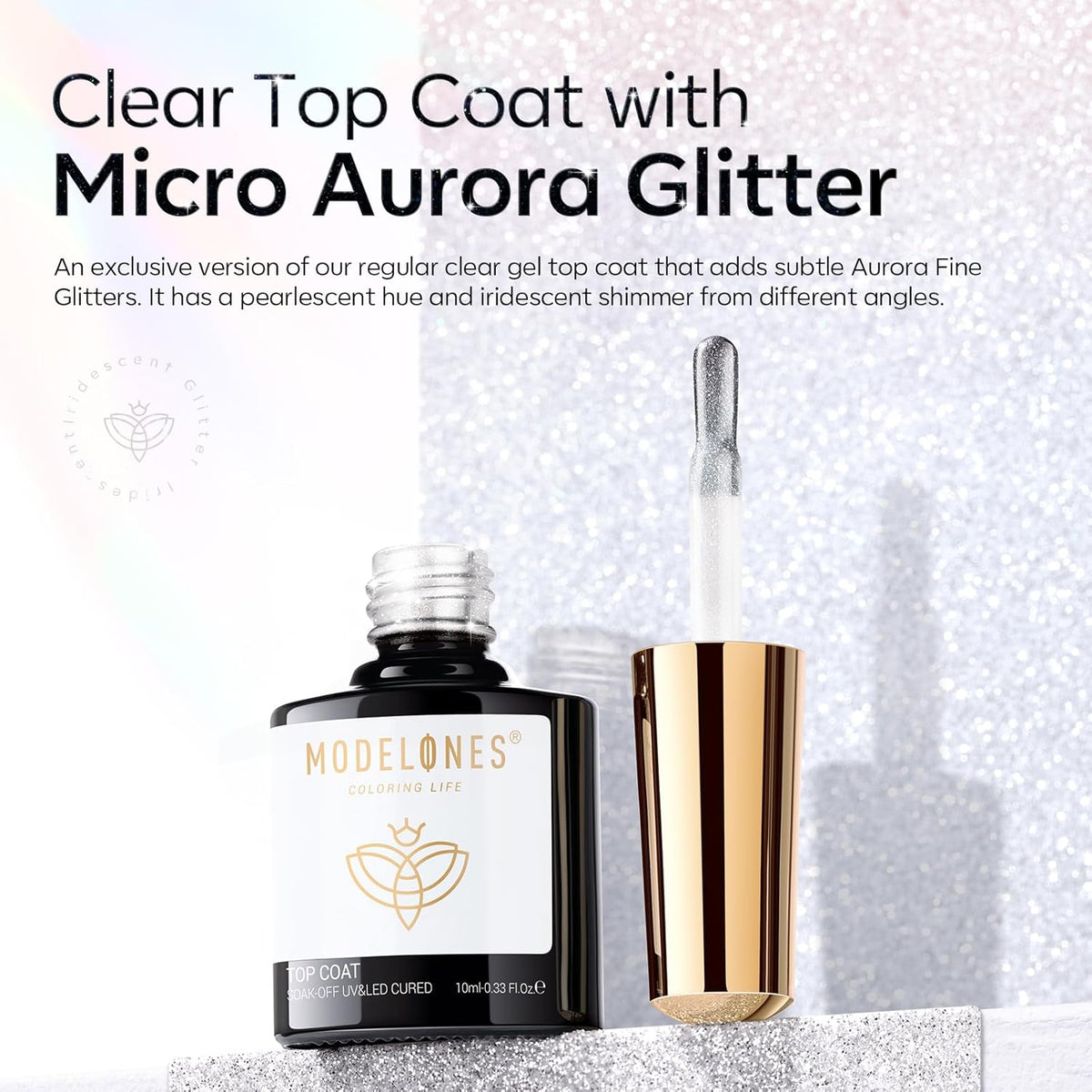 Modelones Glitter Gel Top Coat, Ultra Fine White Aurora Clear Glitter Gel Polish Glossy Sparkle