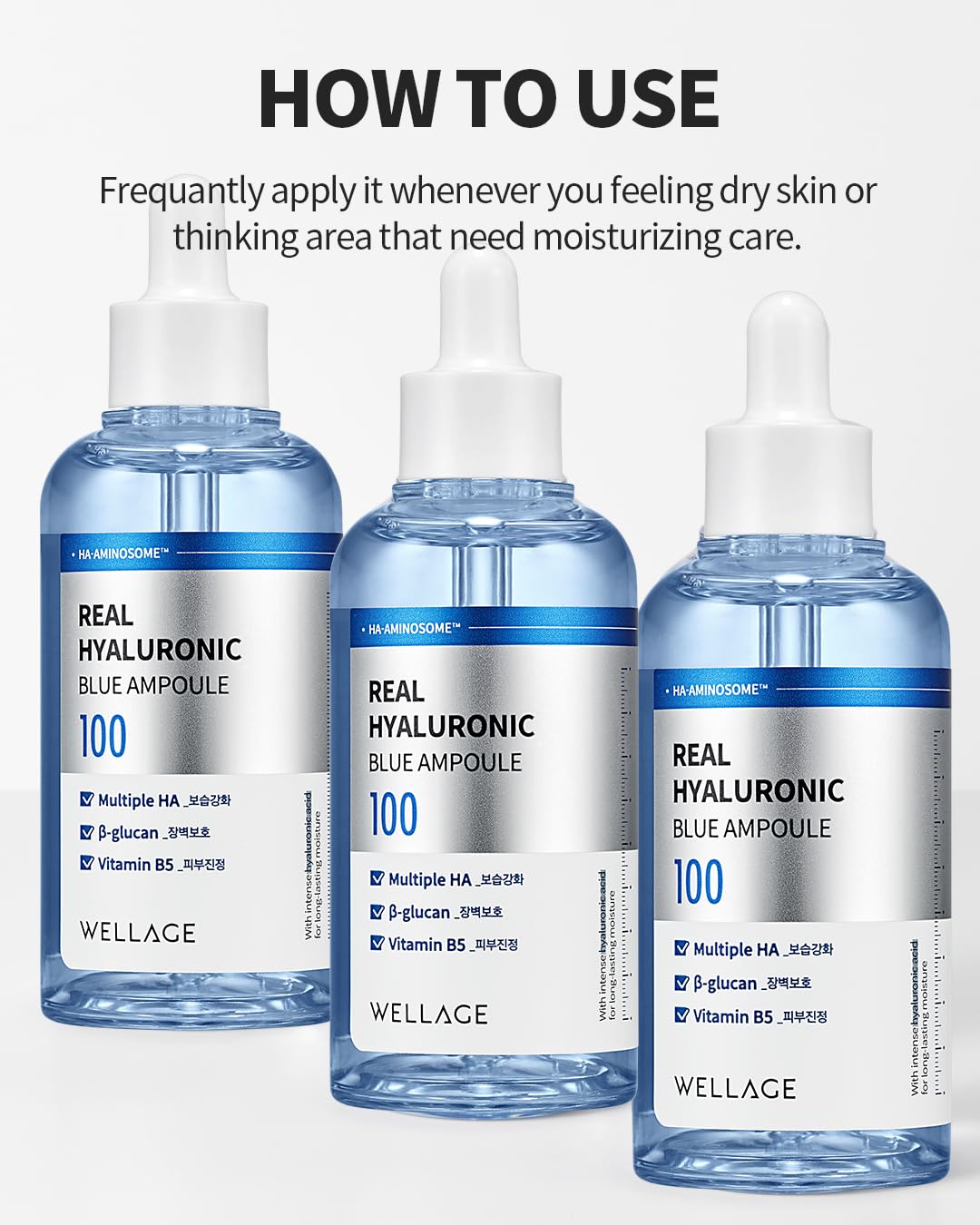 WELLAGE Real Hyaluronic Blue Ampoule 100, Korean Skincare, Fragrance Free Hyaluronic Acid Serum