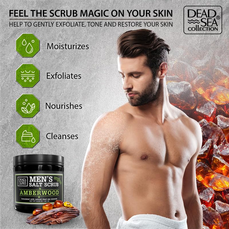 Salt Body Scrub Amberwood For Men – Moisturizes, Exfoliates & Nourishes Skin – Cleanses &